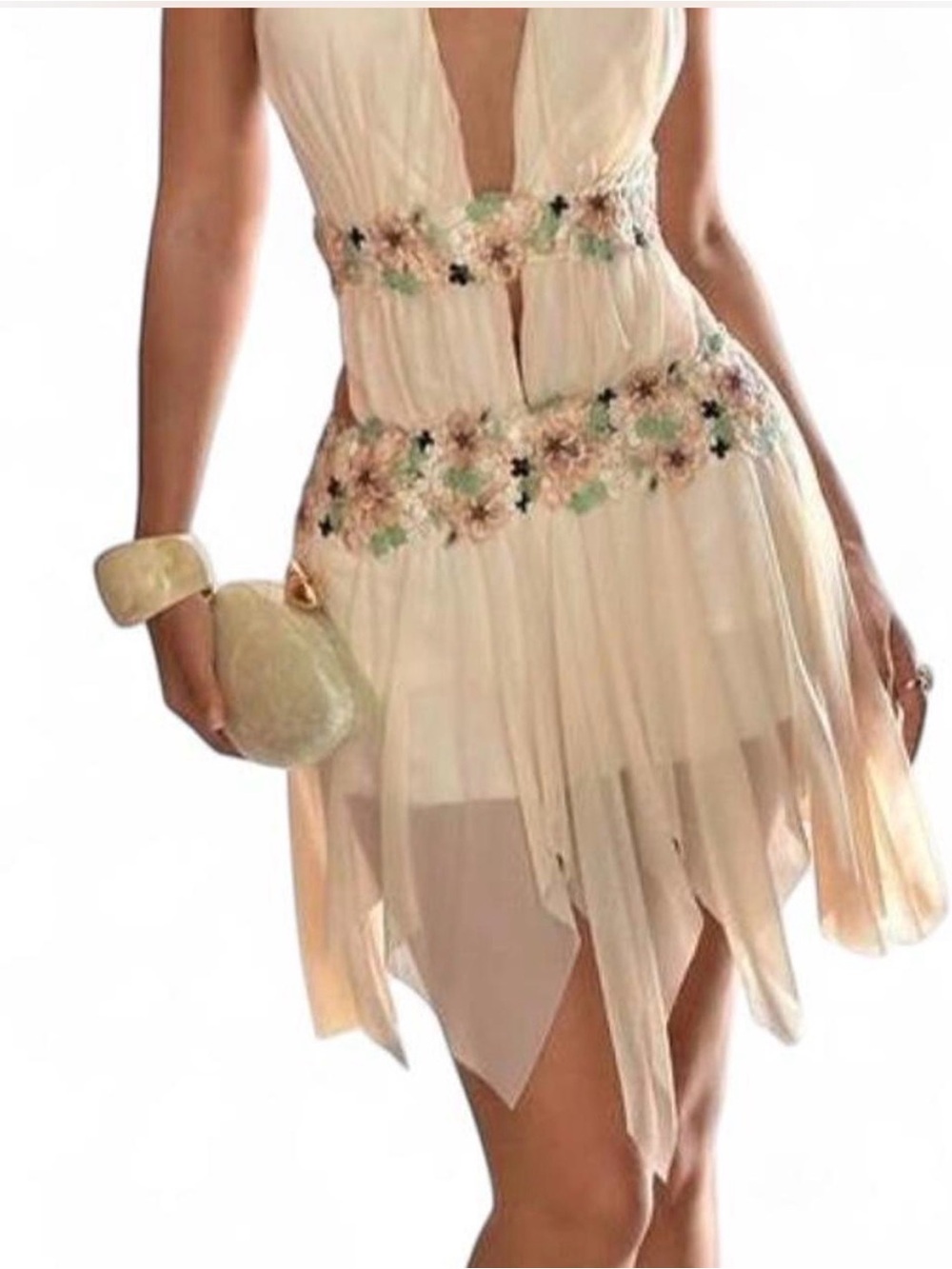 Plunge V-Neck Embroidered Waist Ivory Dress